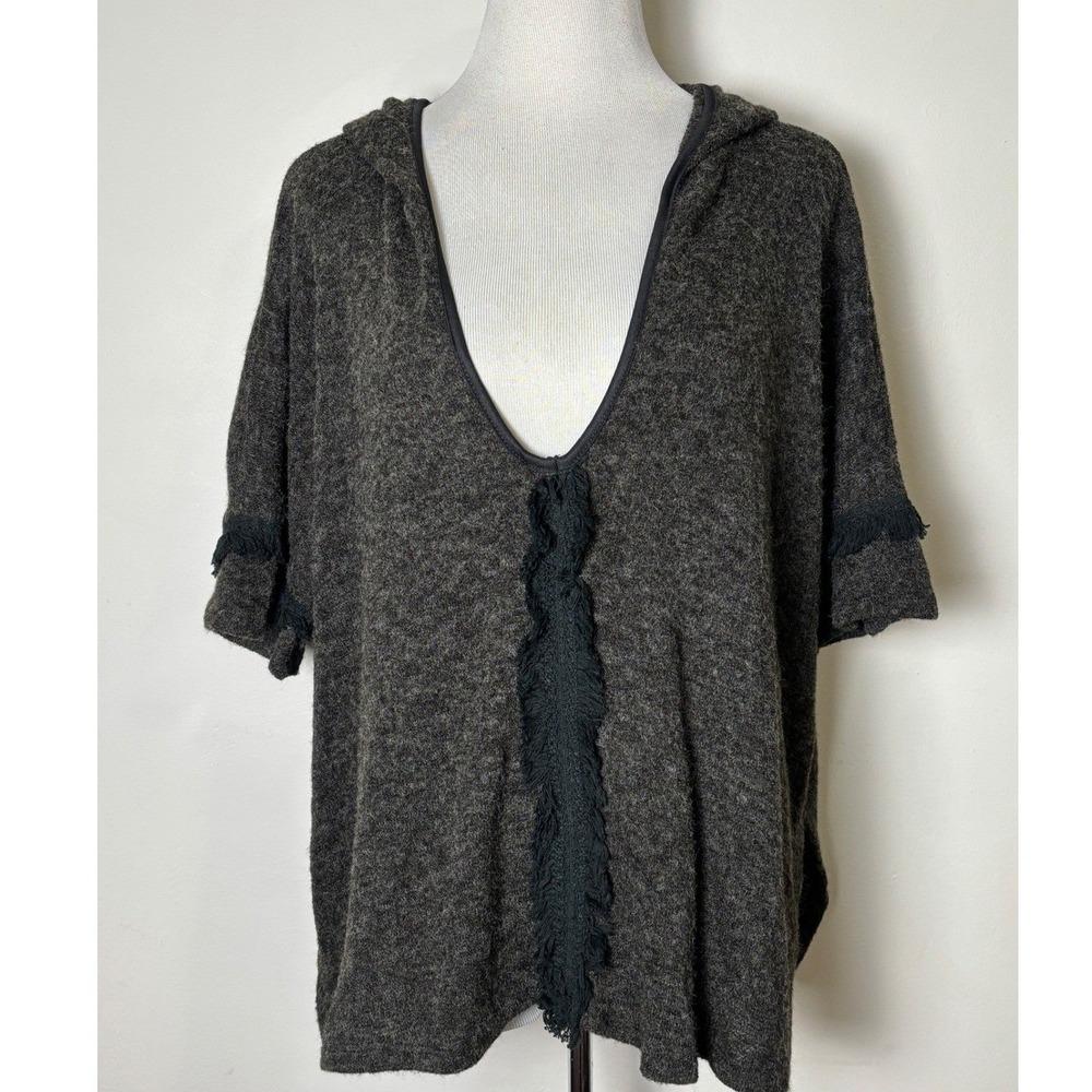 Womens Angora Blend Hoodie Pullover Sweater M Oversized Boho Fringe Layering